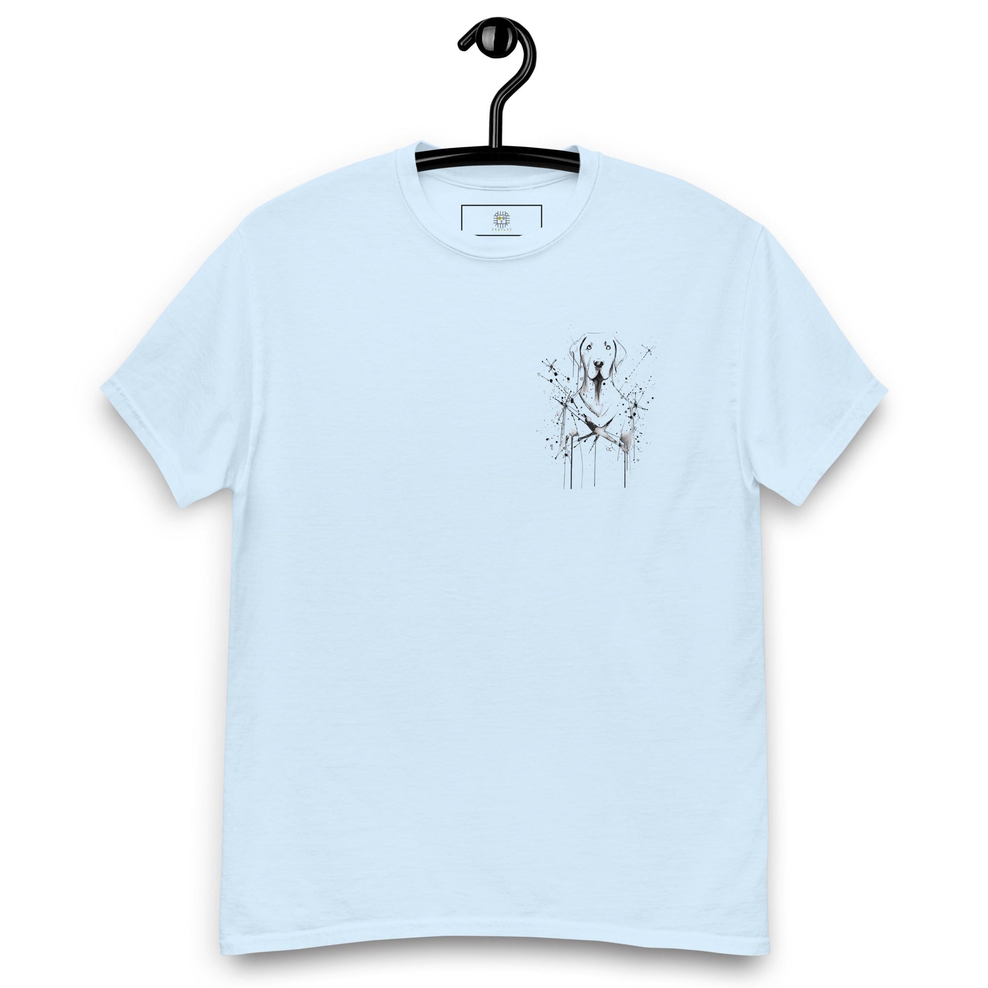 Light blue unisex T-shirt – abstract black line art  dog, front view on hanger.