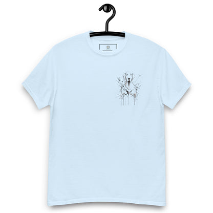 Light blue unisex T-shirt – abstract black line art  dog, front view on hanger.