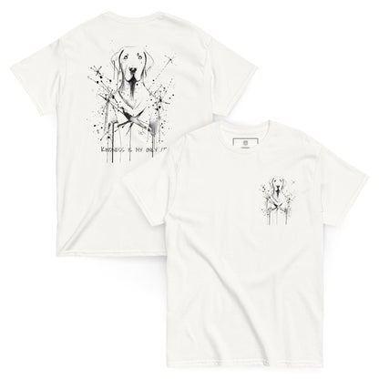 White unisex T-shirt – abstract black line art dog, back view 
